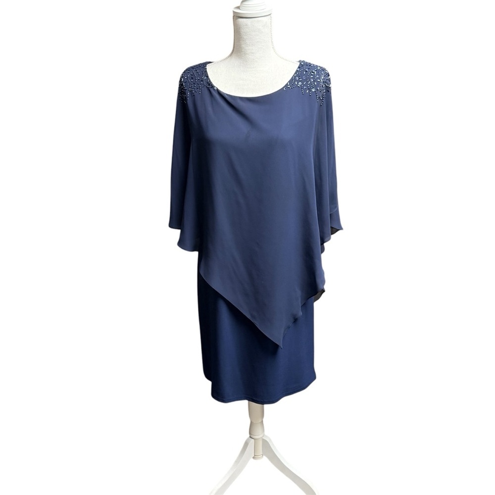 SLNY Navy Blue Beaded Capelet Midi Dress